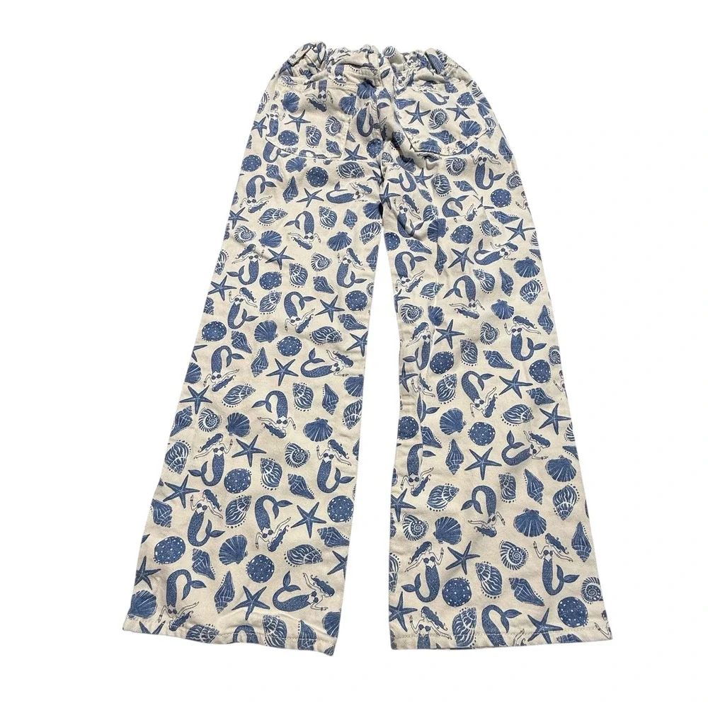 Old Navy Girls High Rise Baggy Wide Leg Mermaid Shell Print Pants Blue Cream 14